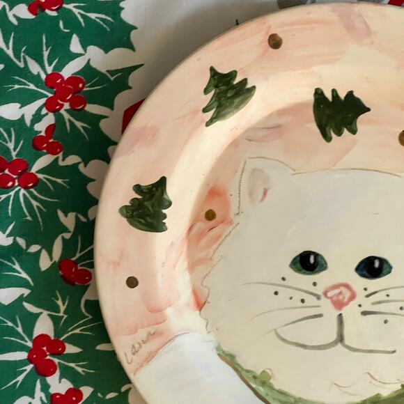 White Cat Christmas Cookie Plate with Scattered Christmas Trees - Picture 5 of 9